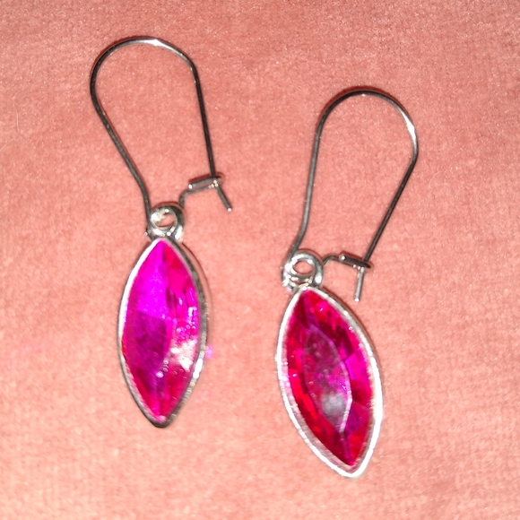 Fuchsia Marquis Sparkle Charm Earrings Dark Pink Rhinestone Minimalist Handmade - Picture 4 of 8